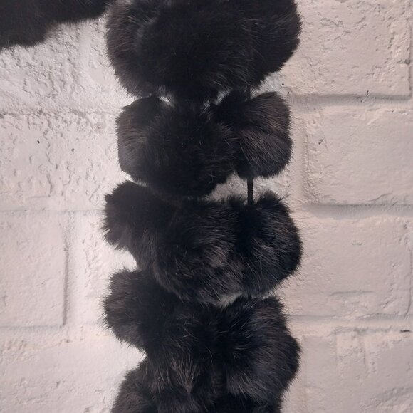 100% Genuine Rabbit Fur Scarf Black Long 71" x 7" Pompons Tassel Authentic Soft - Picture 9 of 9